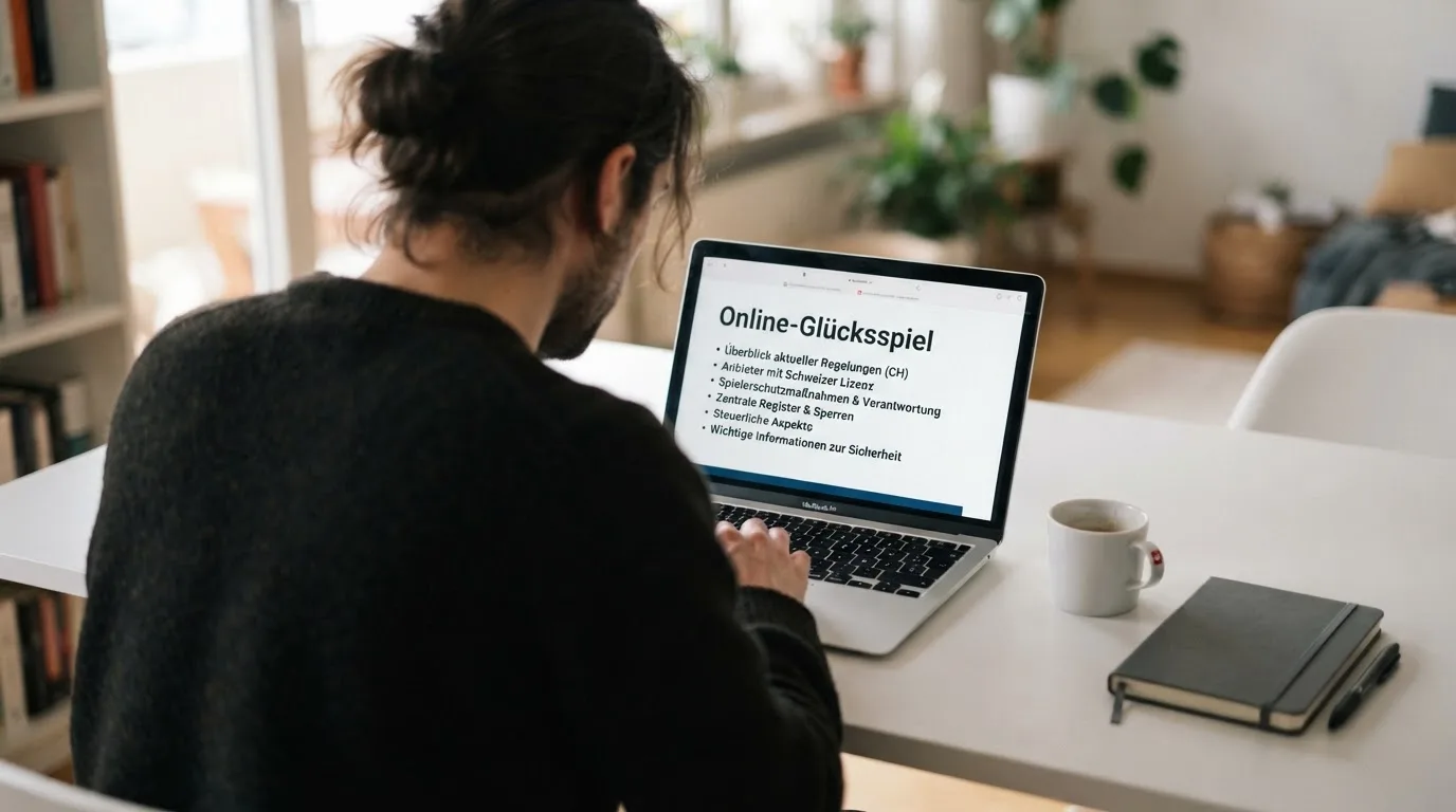 Person am Laptop liest eine Übersichtsseite zu Geldspielen im Internet — 10 franken bonus ohne einzahlung casino