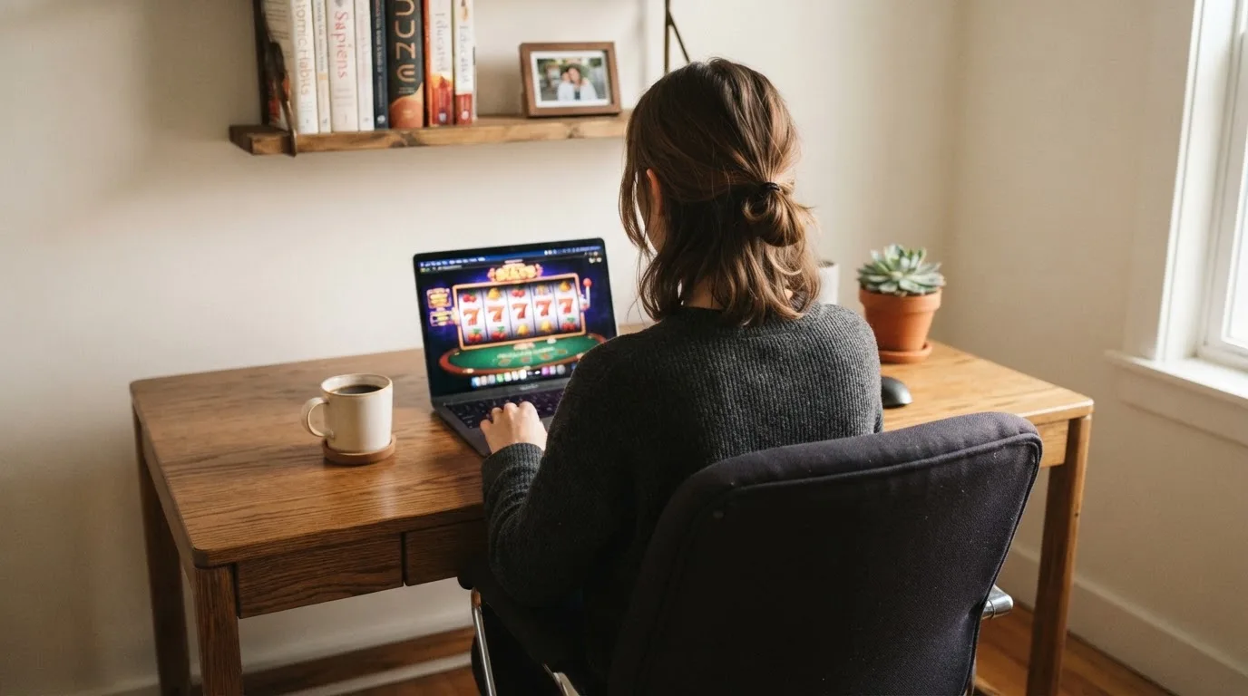 Person am Laptop liest eine Übersichtsseite zu Geldspielen im Internet — 15 franken bonus ohne einzahlung casino