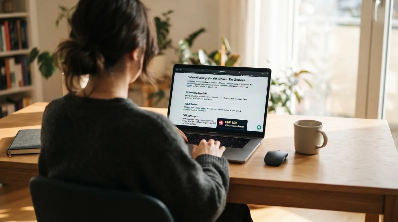 Person am Laptop liest eine Übersichtsseite zu Geldspielen im Internet — 150 freispiele ohne einzahlung