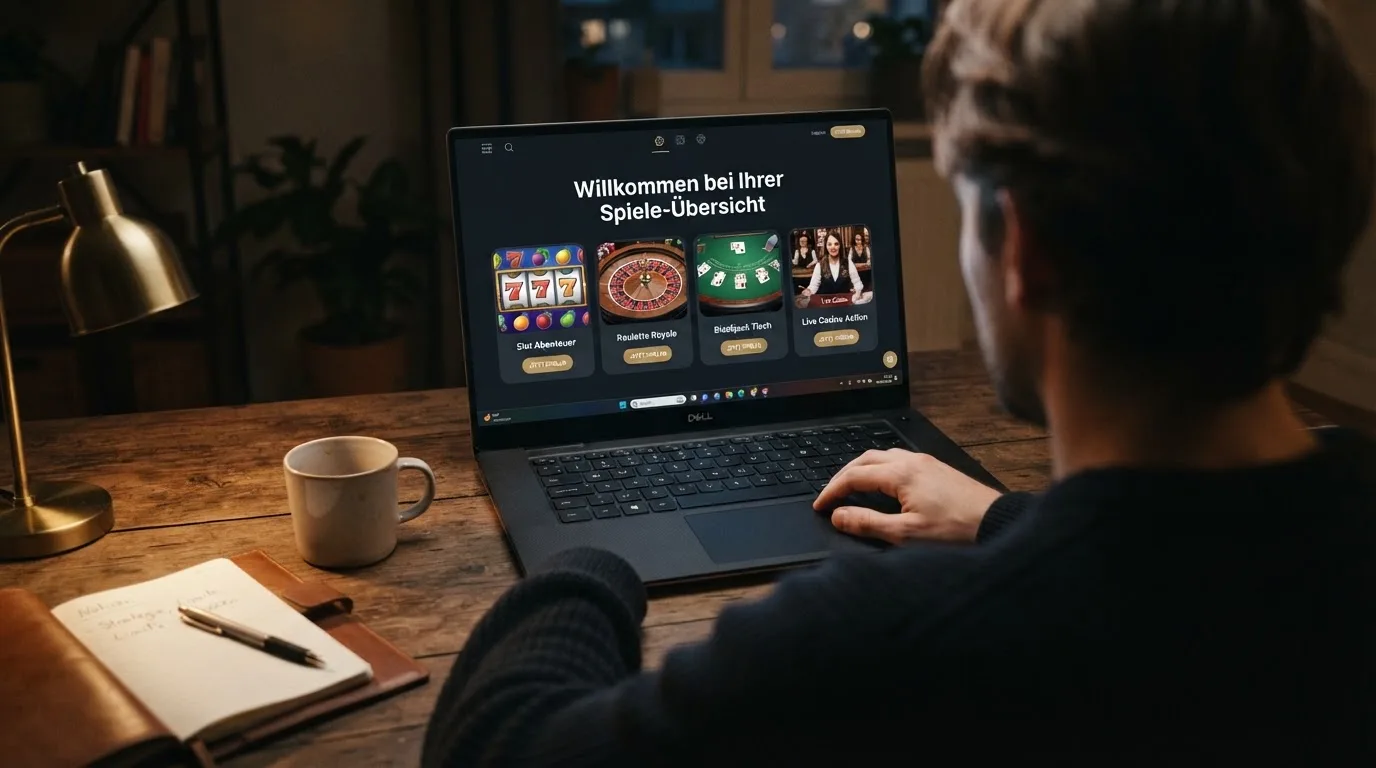 Person am Laptop liest eine Übersichtsseite zu Geldspielen im Internet — 20 franken bonus ohne einzahlung casino