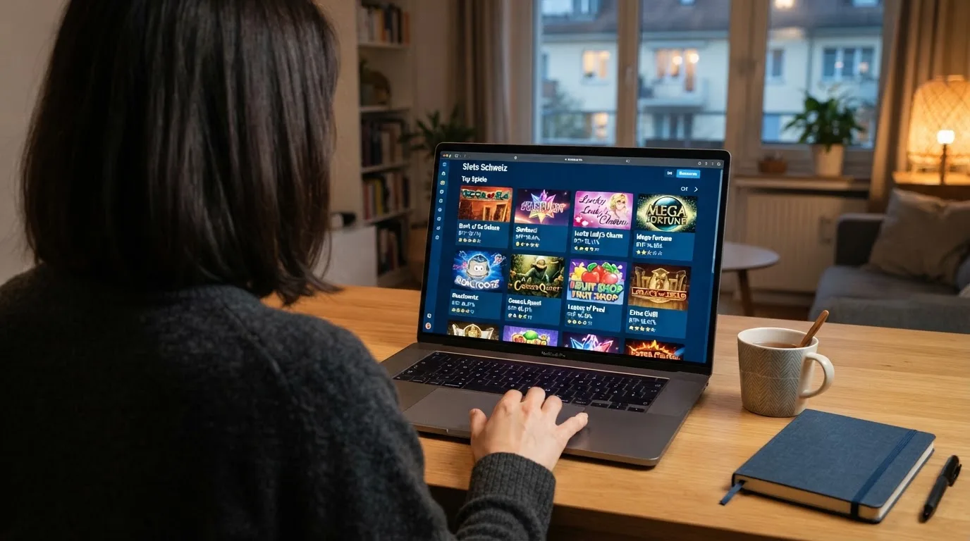 Person am Laptop liest eine Übersichtsseite zu Geldspielen im Internet — 20 freispiele ohne einzahlung