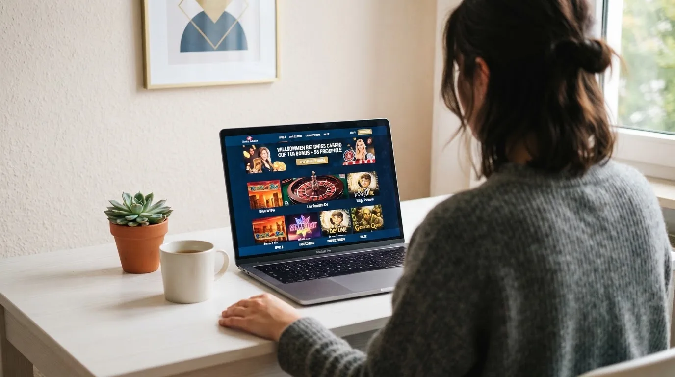 Person am Laptop liest eine Übersichtsseite zu Geldspielen im Internet — 40 franken bonus ohne einzahlung casino