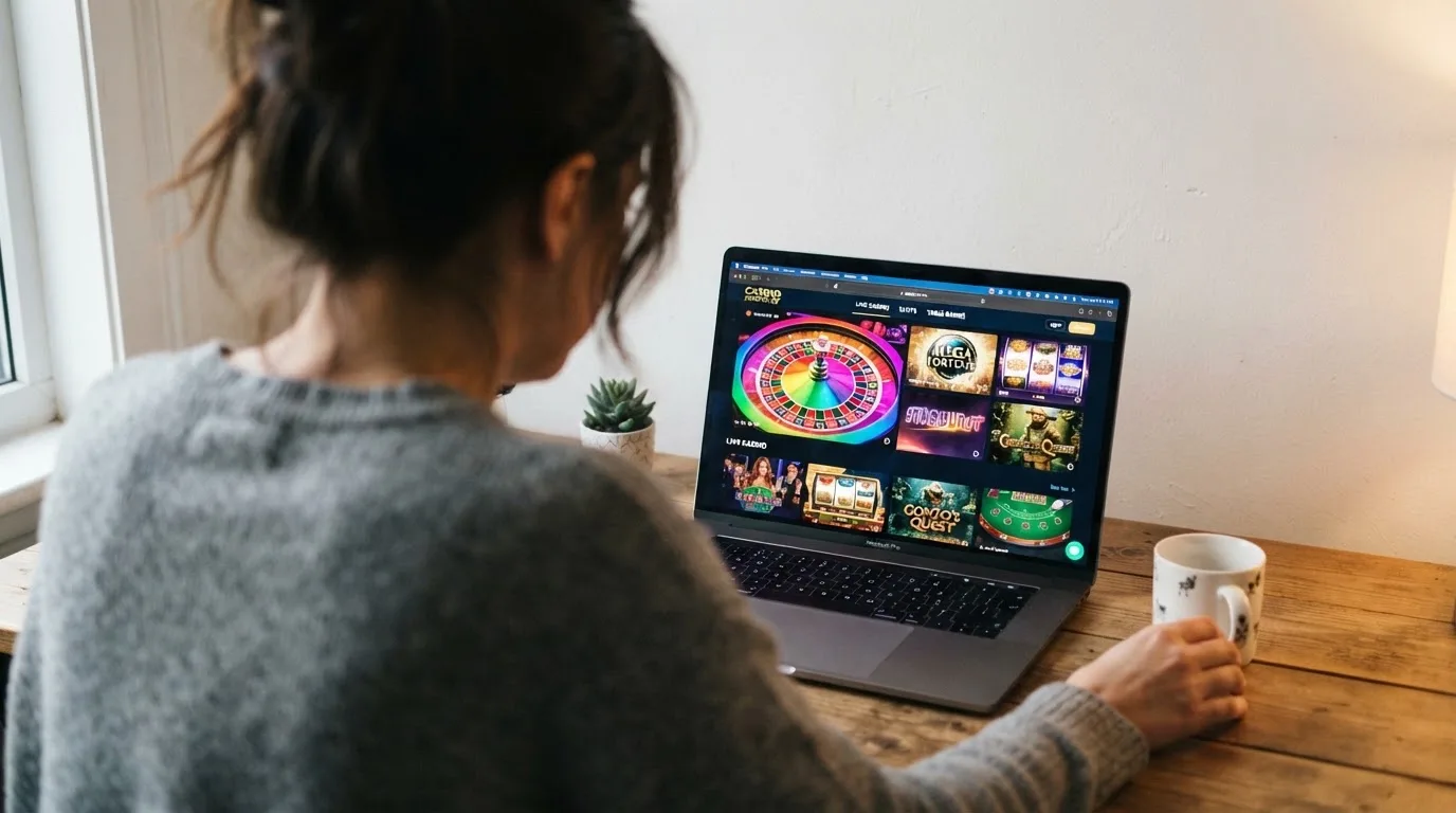 Person am Laptop liest eine Übersichtsseite zu Geldspielen im Internet — 5 franken bonus ohne einzahlung casino