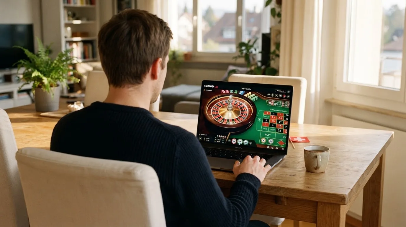 Person am Laptop liest eine Übersichtsseite zu Geldspielen im Internet — best crypto casino schweiz