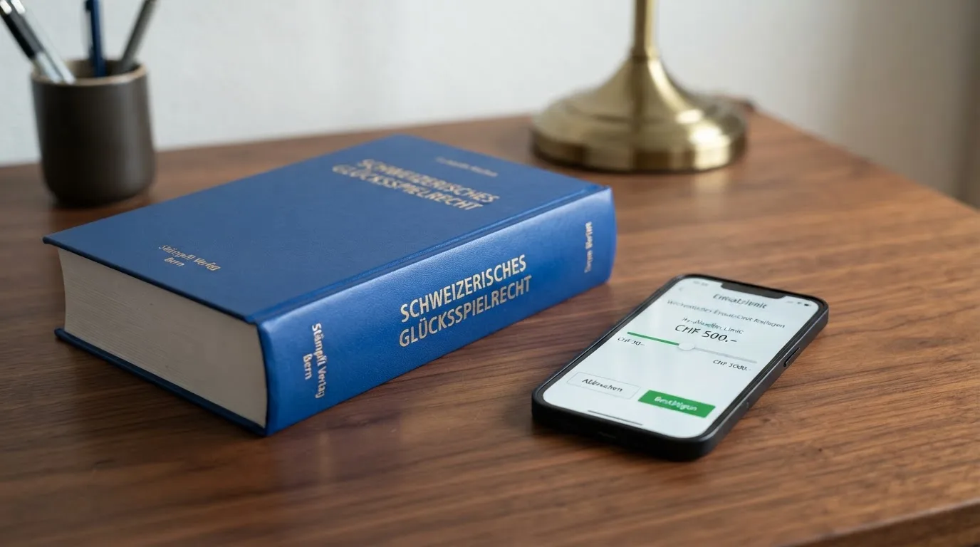 Amtliches Schreiben mit Stempel auf einem Schreibtisch neben einem Gesetzbuch — best crypto casino schweiz