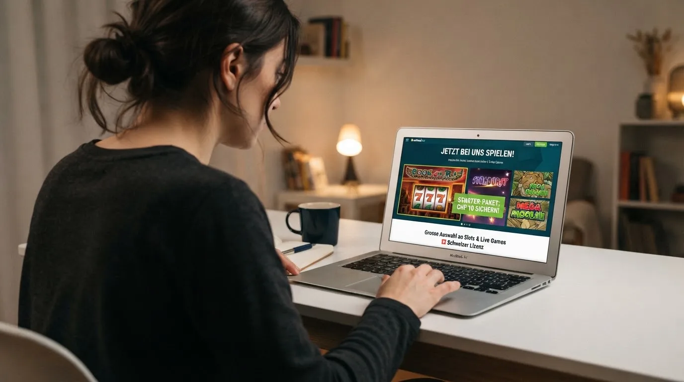Person am Laptop liest eine Übersichtsseite zu Geldspielen im Internet — beste auszahlungsquote online casino