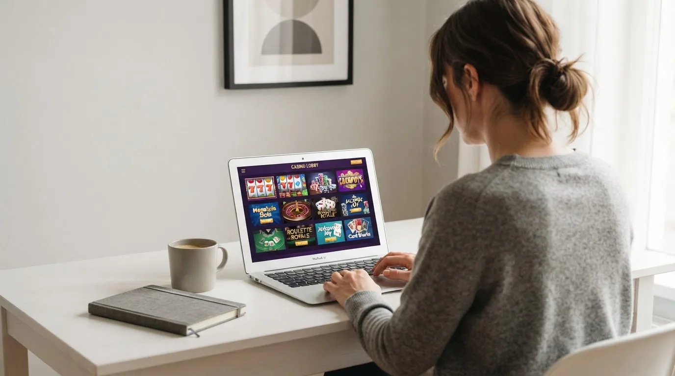 Person am Laptop liest eine Übersichtsseite zu Geldspielen im Internet — beste casino ohne verifizierung auszahlen