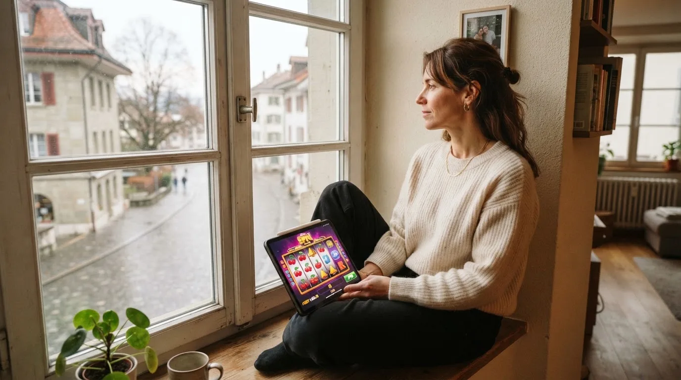 Frau sitzt mit einem Tablet auf einer Fensterbank, Blick nach draussen auf eine ruhige Strasse.