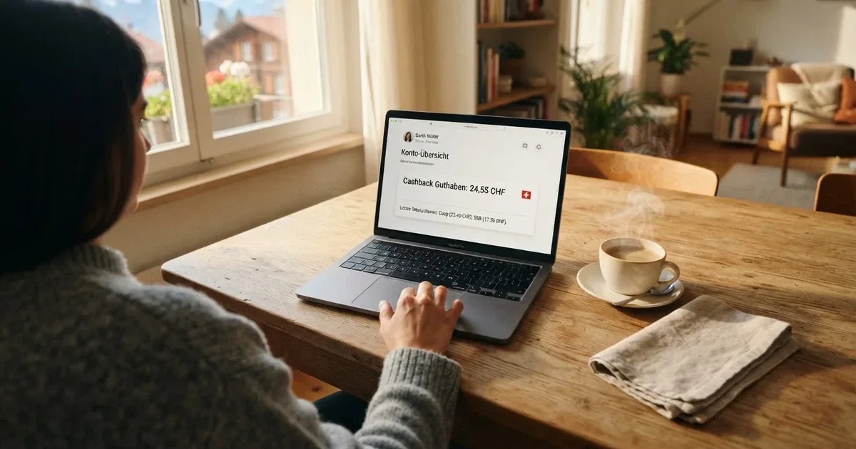 Person prüft an einem Küchentisch eine Kontoübersicht auf dem Laptop, Kaffeetasse steht griffbereit daneben.
