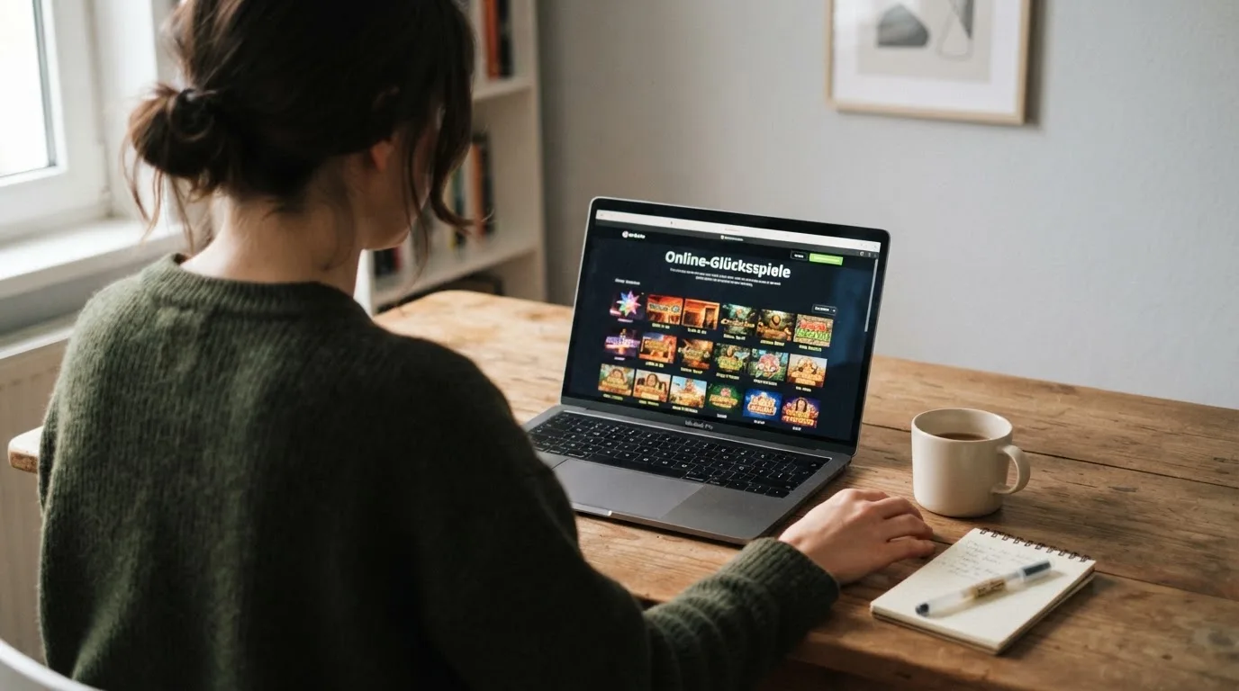 Person am Laptop liest eine Übersichtsseite zu Geldspielen im Internet — beste craps online casinos schweiz