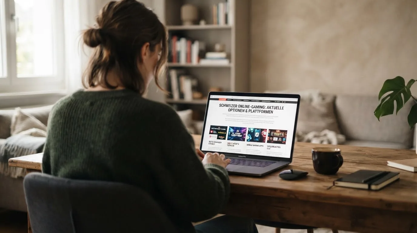 Person am Laptop liest eine Übersichtsseite zu Geldspielen im Internet — beste live baccarat schweiz