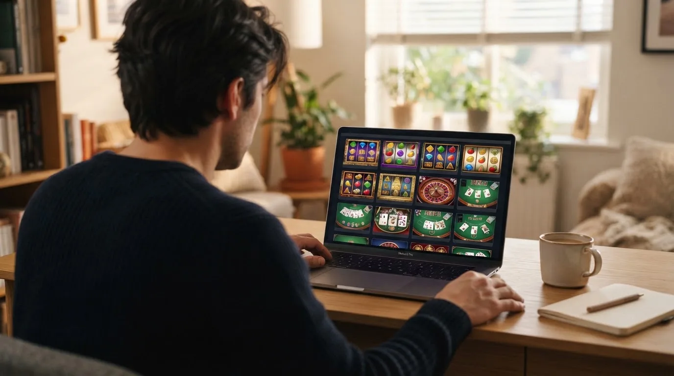 Person am Laptop liest eine Übersichtsseite zu Geldspielen im Internet — beste online casino echtgeld app