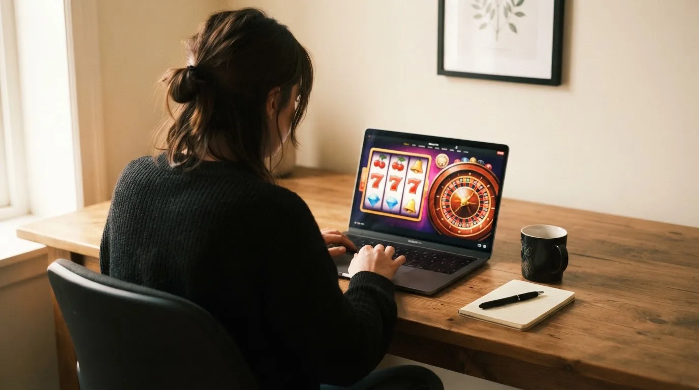 Person am Laptop liest eine Übersichtsseite zu Geldspielen im Internet — beste online casino mit apple pay bezahlen