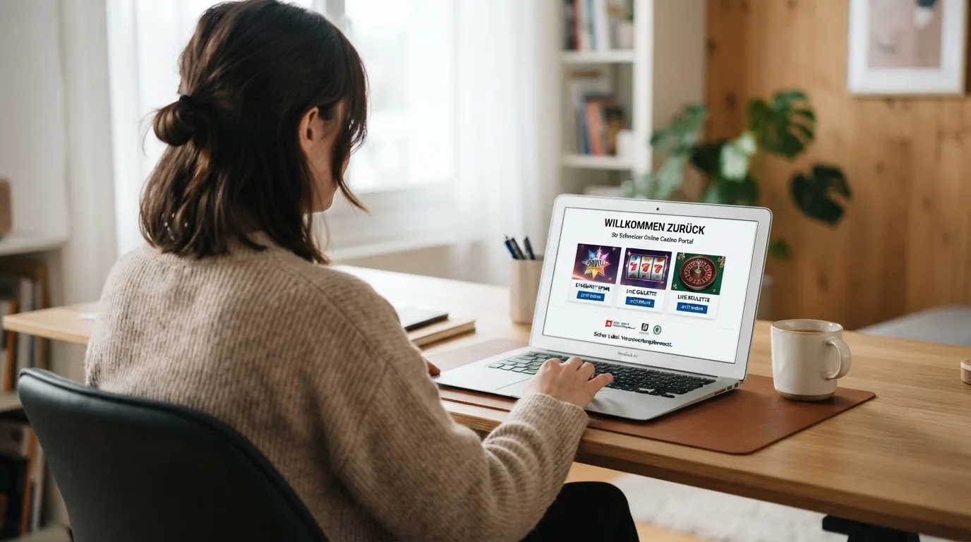 Person am Laptop liest eine Übersichtsseite zu Geldspielen im Internet — beste online casino mit banküberweisung bezahlen