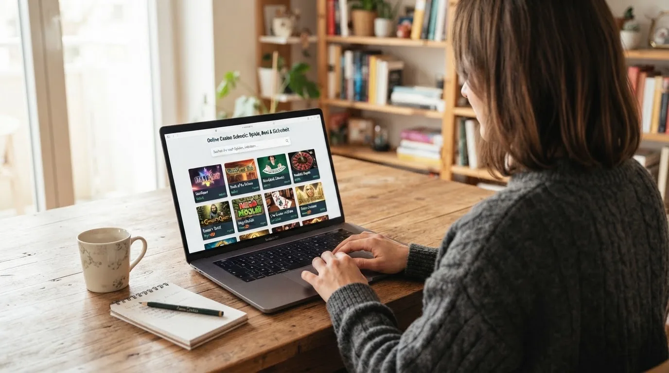 Person am Laptop liest eine Übersichtsseite zu Geldspielen im Internet — beste online casino mit cashtocode bezahlen
