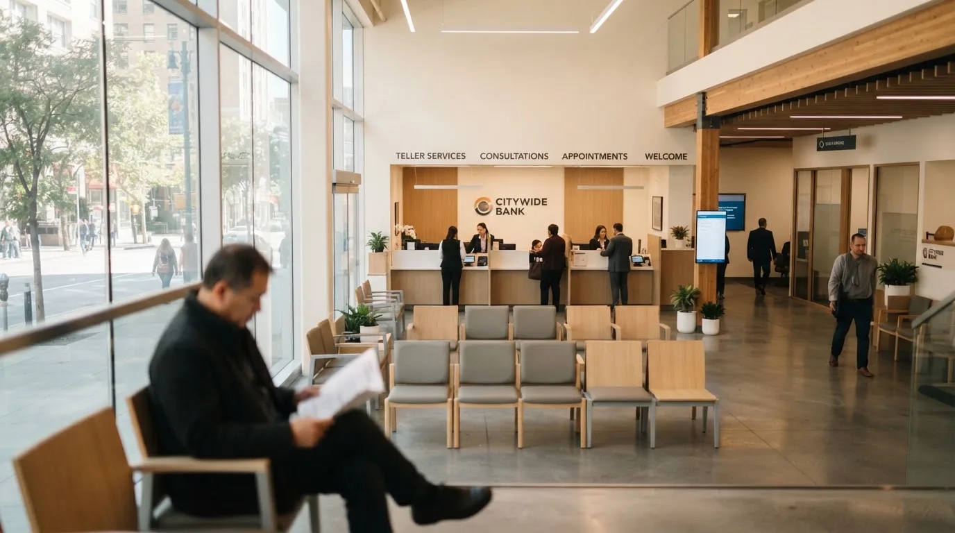 Blick über eine helle Bankfiliale mit Wartebereich, im Vordergrund unscharf eine wartende Person.