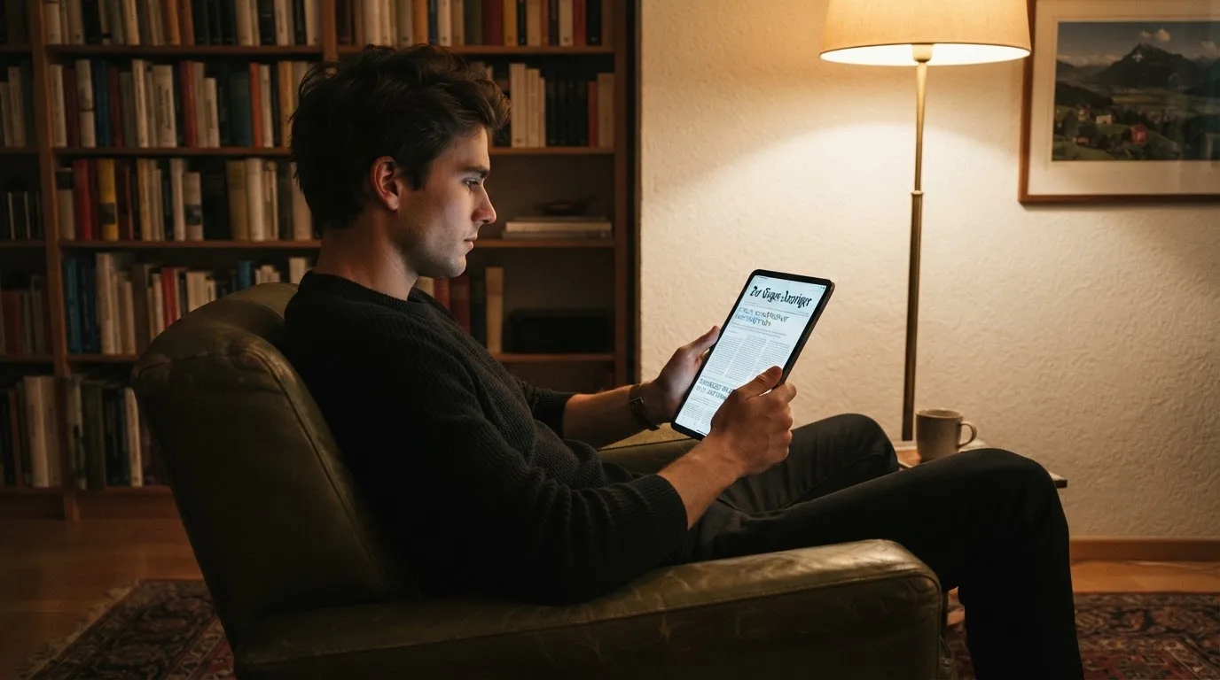 Junger Mann sitzt entspannt im Sessel und liest auf seinem Tablet, Stehlampe wirft warmes Licht.