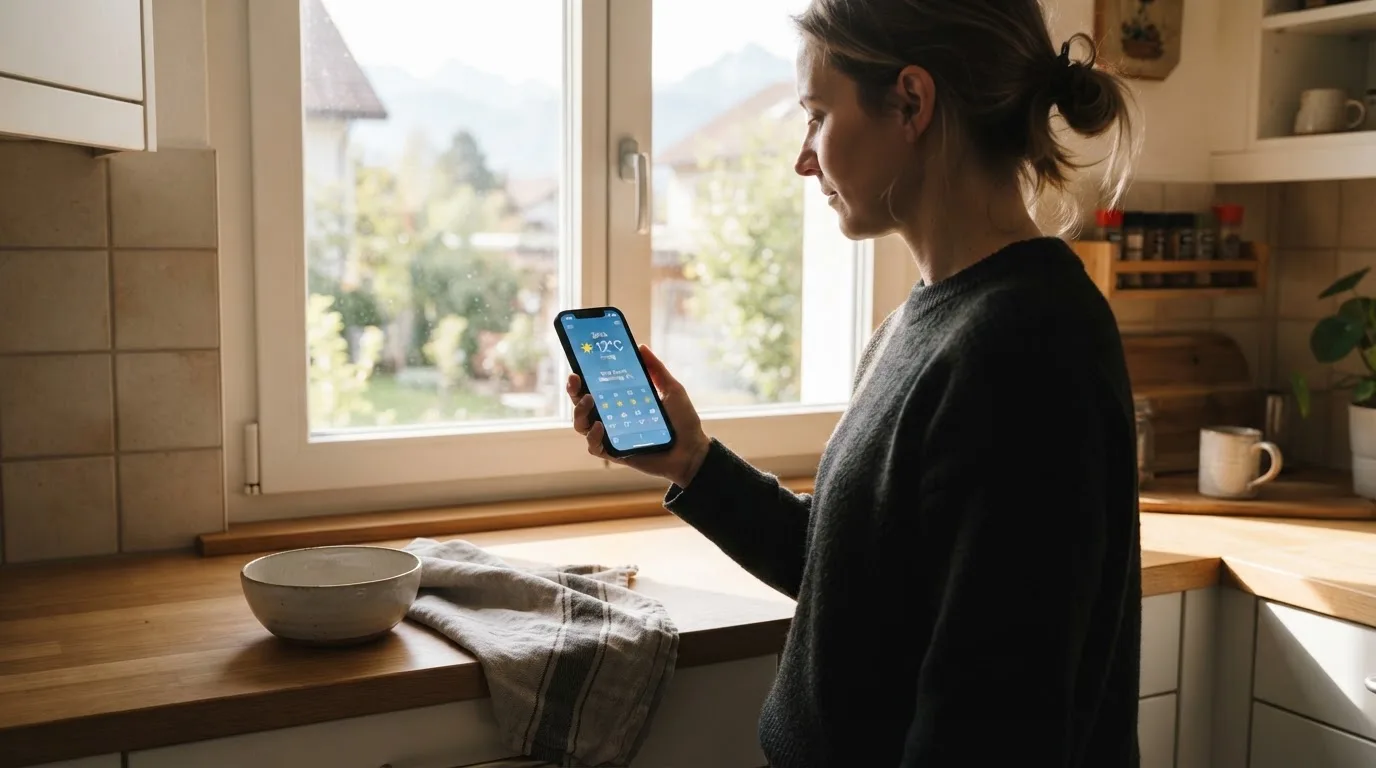 Person steht am Fenster einer Küche und blickt auf ihr Smartphone, Morgenlicht fällt durch die Scheibe.
