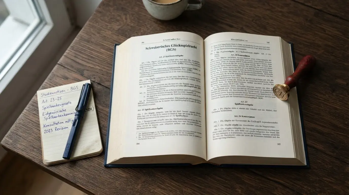 Amtliches Schreiben mit Stempel auf einem Schreibtisch neben einem Gesetzbuch — beste online casino schweiz