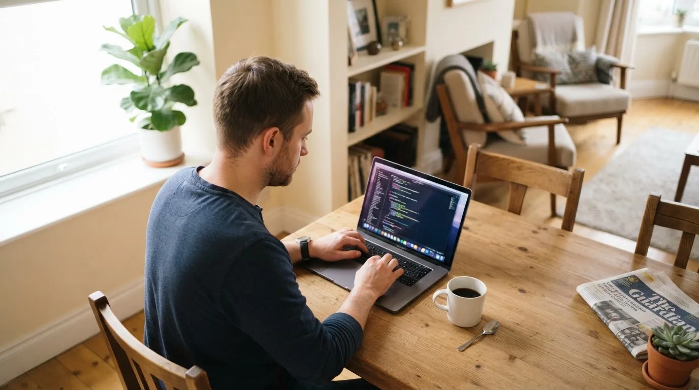 Mann sitzt am Wohnzimmertisch und tippt auf seinem Laptop, eine Kaffeetasse steht griffbereit daneben.