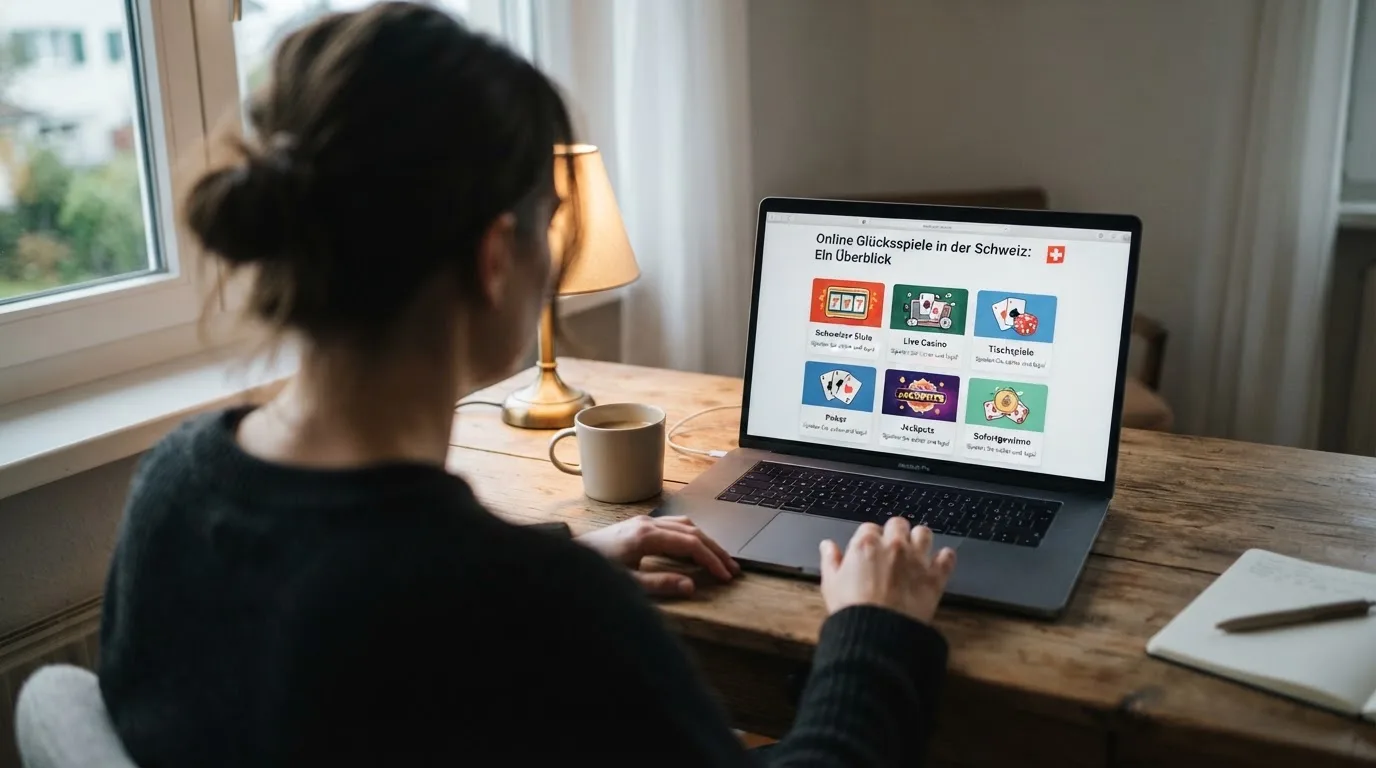 Person am Laptop liest eine Übersichtsseite zu Geldspielen im Internet — beste online casinos ohne verifizierung