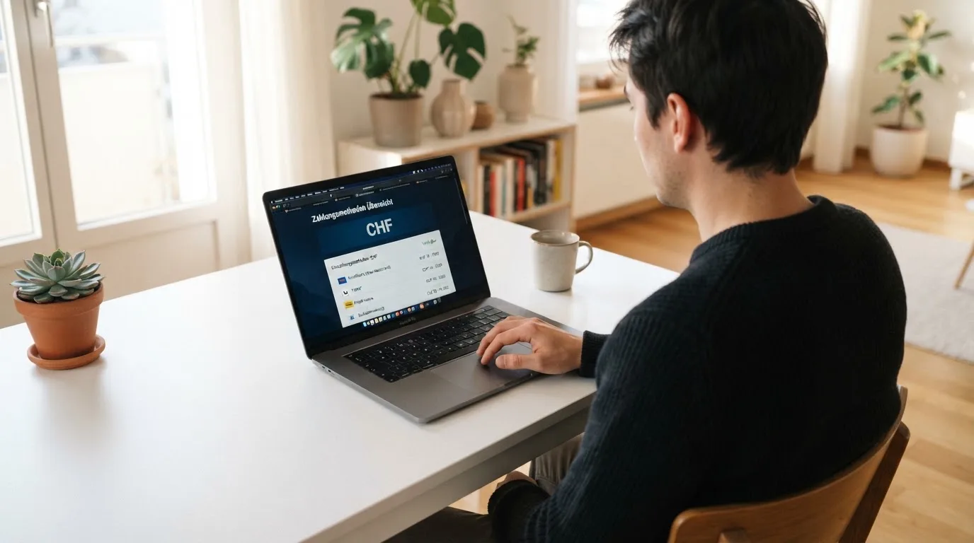 Person am Laptop liest eine Übersichtsseite zu Geldspielen im Internet — beste online casinos schweiz mit no deposit bonus