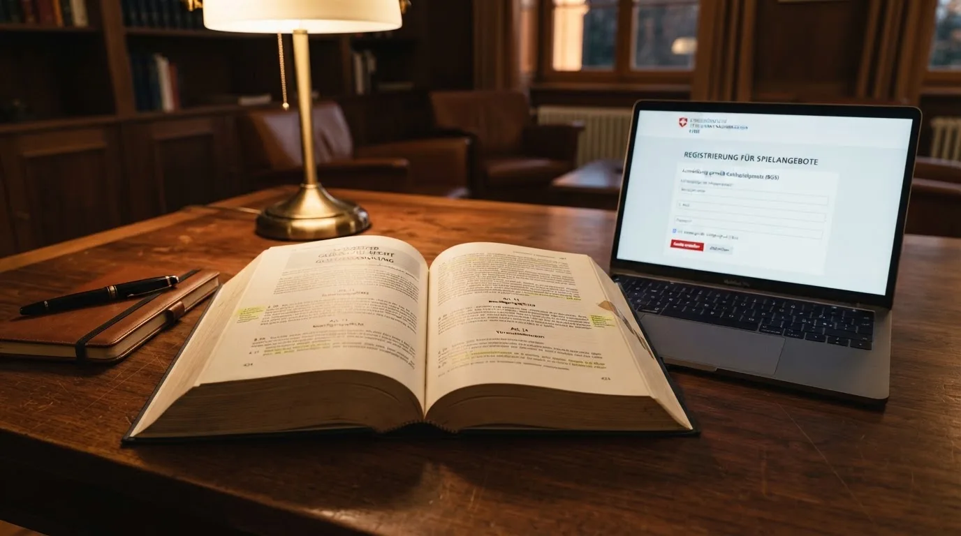 Amtliches Schreiben mit Stempel auf einem Schreibtisch neben einem Gesetzbuch — beste online casinos schweiz mit no deposit bonus