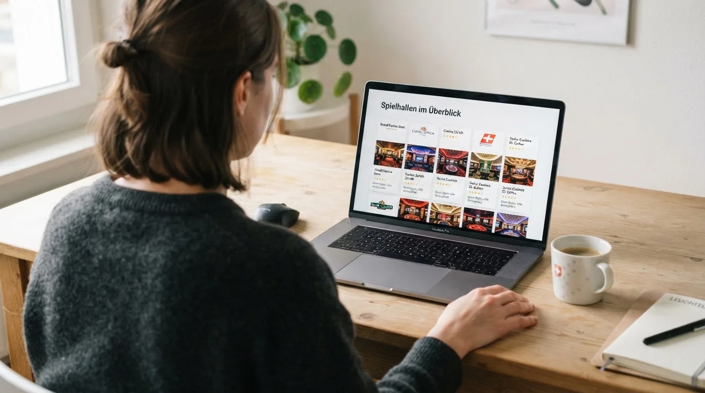 Person am Laptop liest eine Übersichtsseite zu Geldspielen im Internet — beste online spielothek casinos