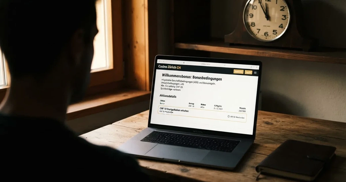 Bildschirm mit Bonusbedingungen, Einsatztabelle und einer Uhr im Hintergrund — bester willkommensbonus online casino