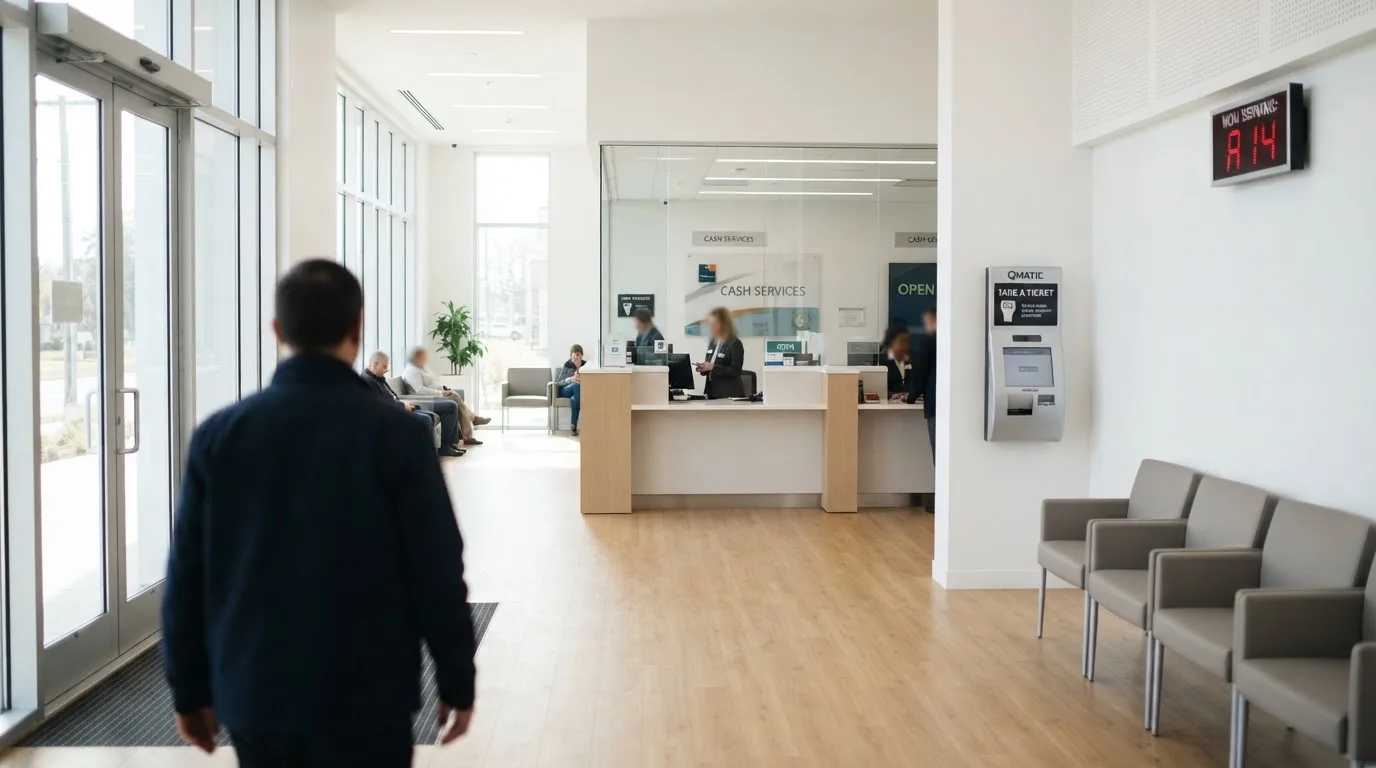 Blick auf eine helle Bankfiliale mit Wartebereich, im Vordergrund unscharf eine Person mit Jacke.