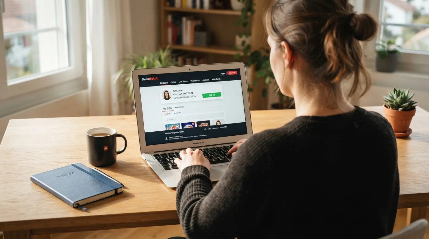Person am Laptop liest eine Übersichtsseite zu Geldspielen im Internet — bitcoin cash casino vergleich