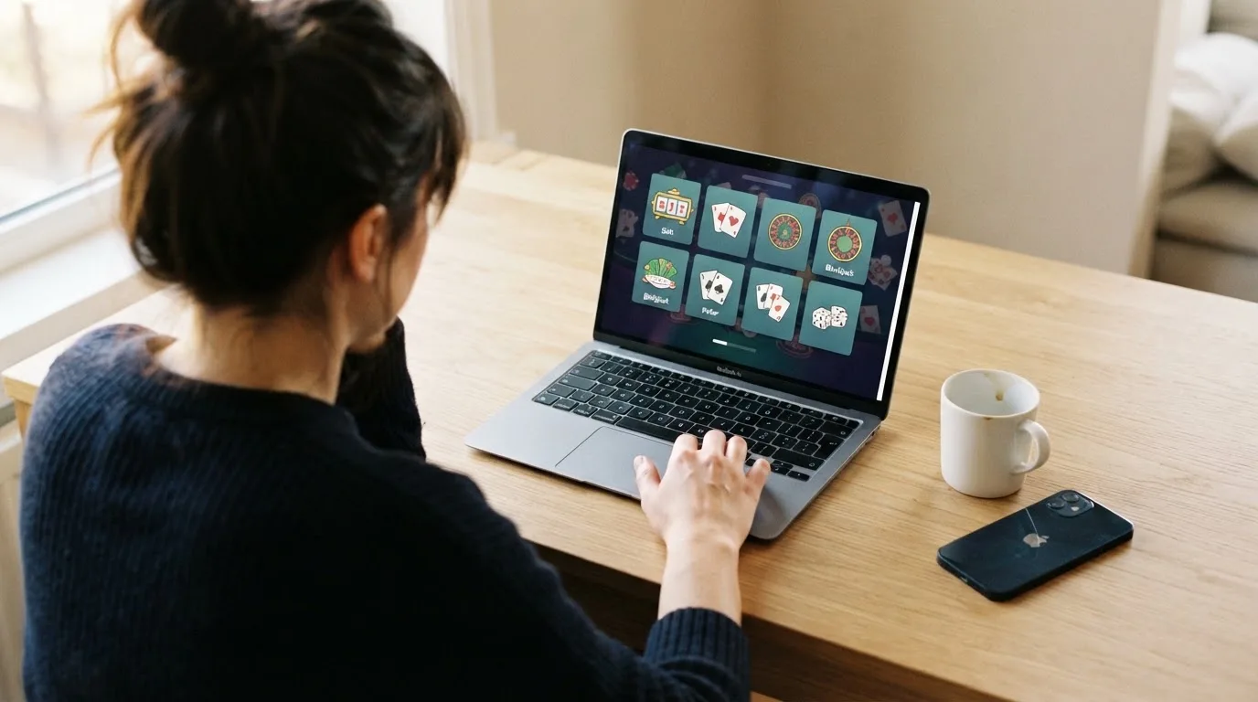 Person am Laptop liest eine Übersichtsseite zu Geldspielen im Internet — casino mit hoher gewinnchance