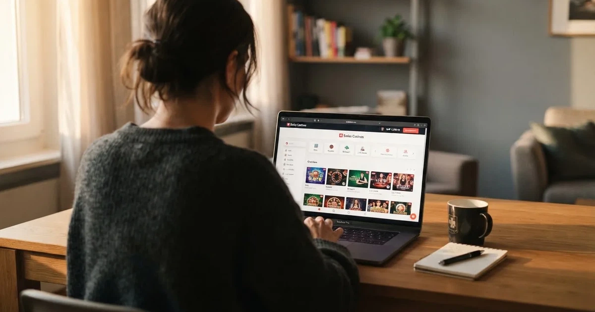 Person am Laptop liest eine Übersichtsseite zu Geldspielen im Internet — freie 90 tage qualifikationszeitraum casino