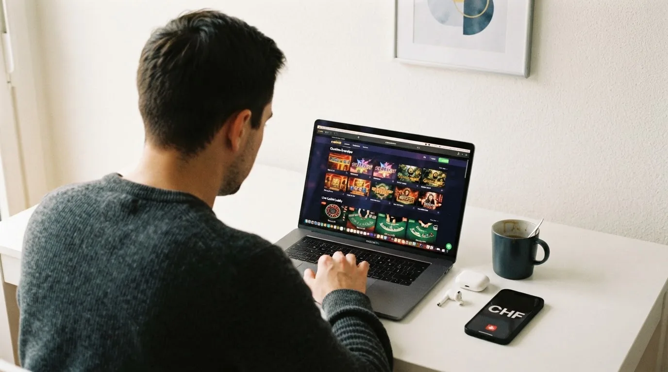 Person am Laptop liest eine Übersichtsseite zu Geldspielen im Internet — handy casino echtgeld bonus ohne einzahlung