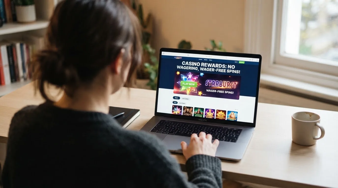 Person am Laptop liest eine Übersichtsseite zu Geldspielen im Internet — online casino bonus ohne umsatzbedingungen