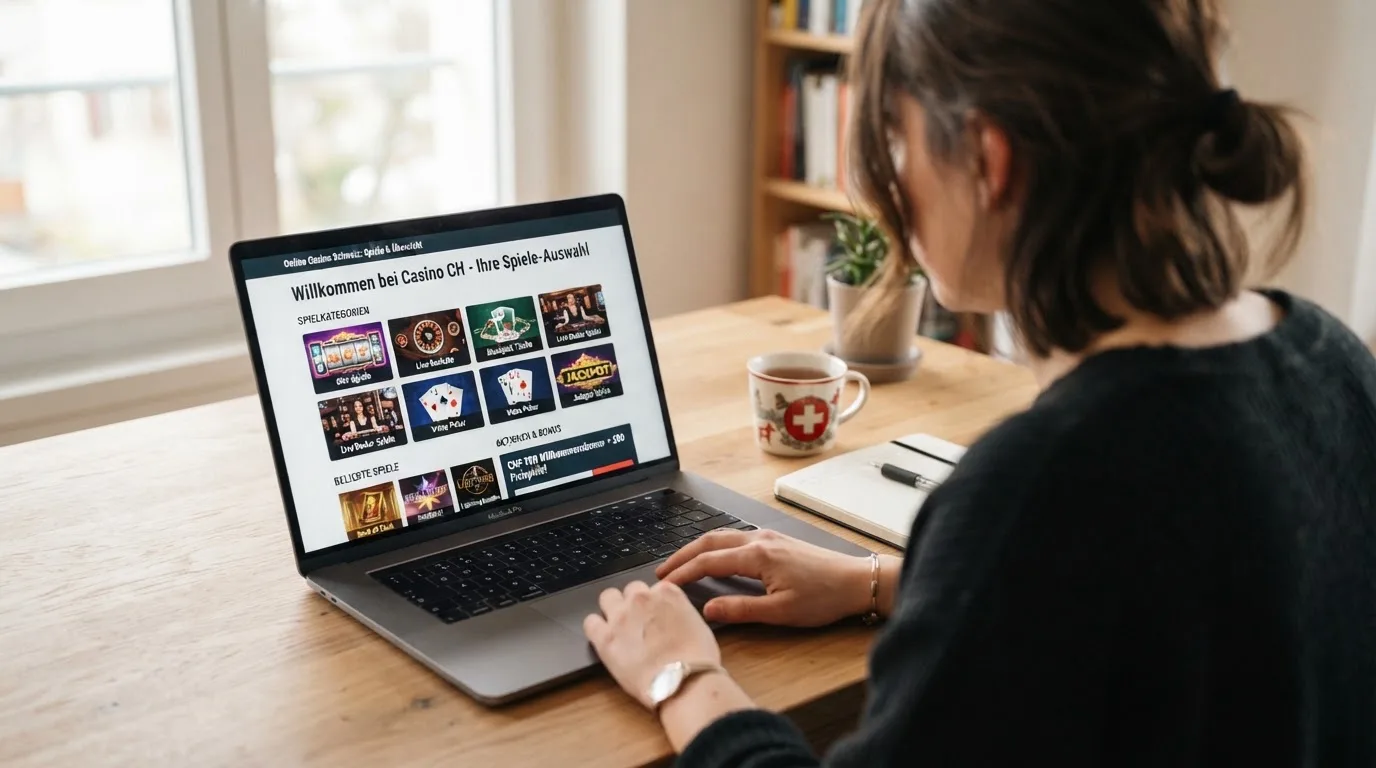 Person am Laptop liest eine Übersichtsseite zu Geldspielen im Internet — online casino gutschein codes