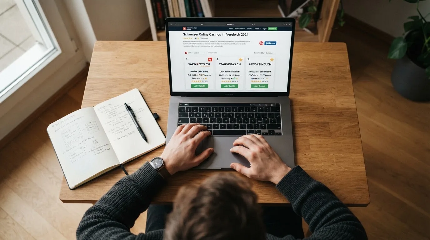 Person am Laptop liest eine Übersichtsseite zu Geldspielen im Internet — online casino mit 100% bonus