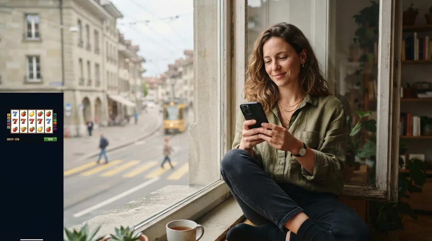 Frau lehnt entspannt an einer Fensterbank und liest auf ihrem Smartphone, Blick auf eine Strasse im Hintergrund.