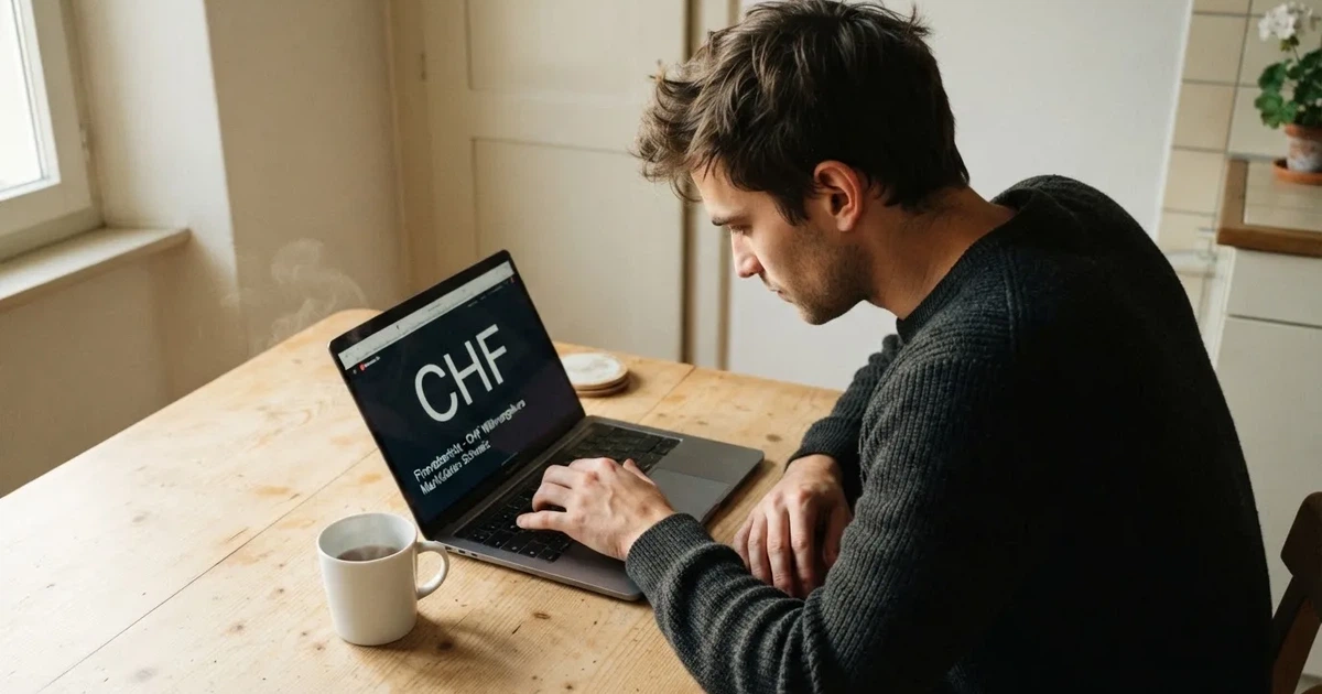 Junger Mann sitzt am Küchentisch und tippt konzentriert auf seinem Laptop, eine Kaffeetasse steht daneben.