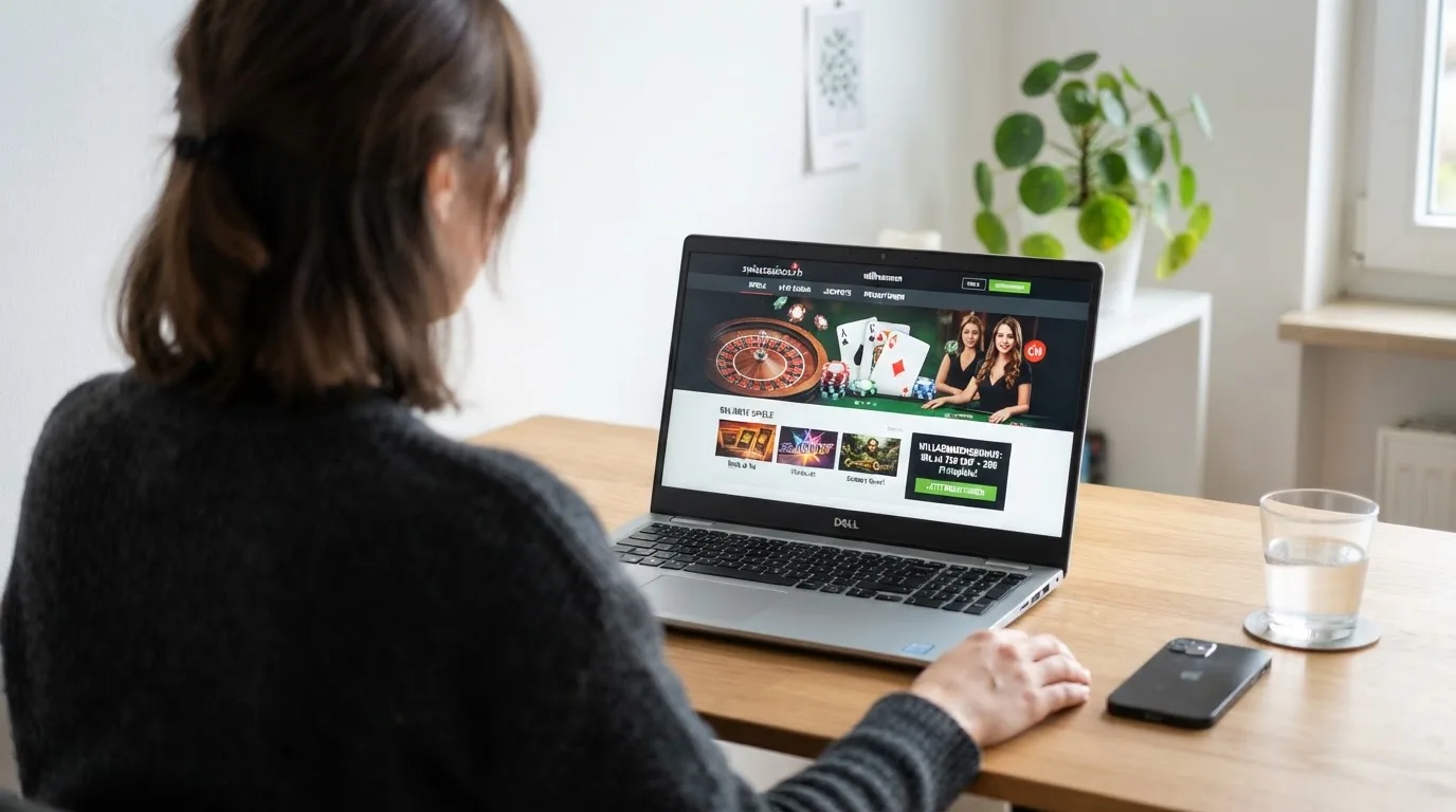 Person am Laptop liest eine Übersichtsseite zu Geldspielen im Internet — online casino mit 300% bonus