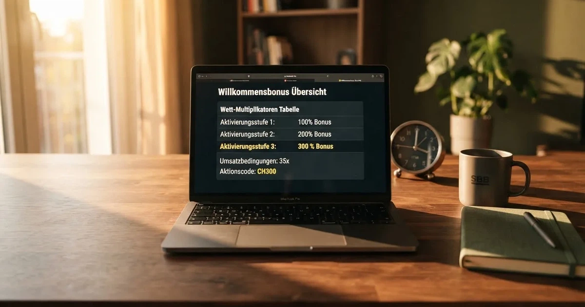 Bildschirm mit Bonusbedingungen, Einsatztabelle und einer Uhr im Hintergrund — online casino mit 300% bonus
