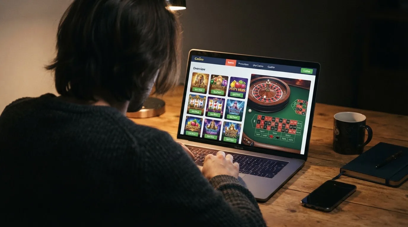Person am Laptop liest eine Übersichtsseite zu Geldspielen im Internet — online casino mit autoplay