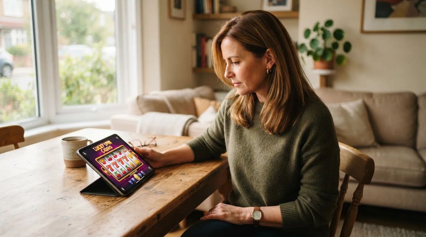 Frau sitzt am Wohnzimmertisch und schaut konzentriert auf ihr Tablet, Nachmittagslicht durchs Fenster.