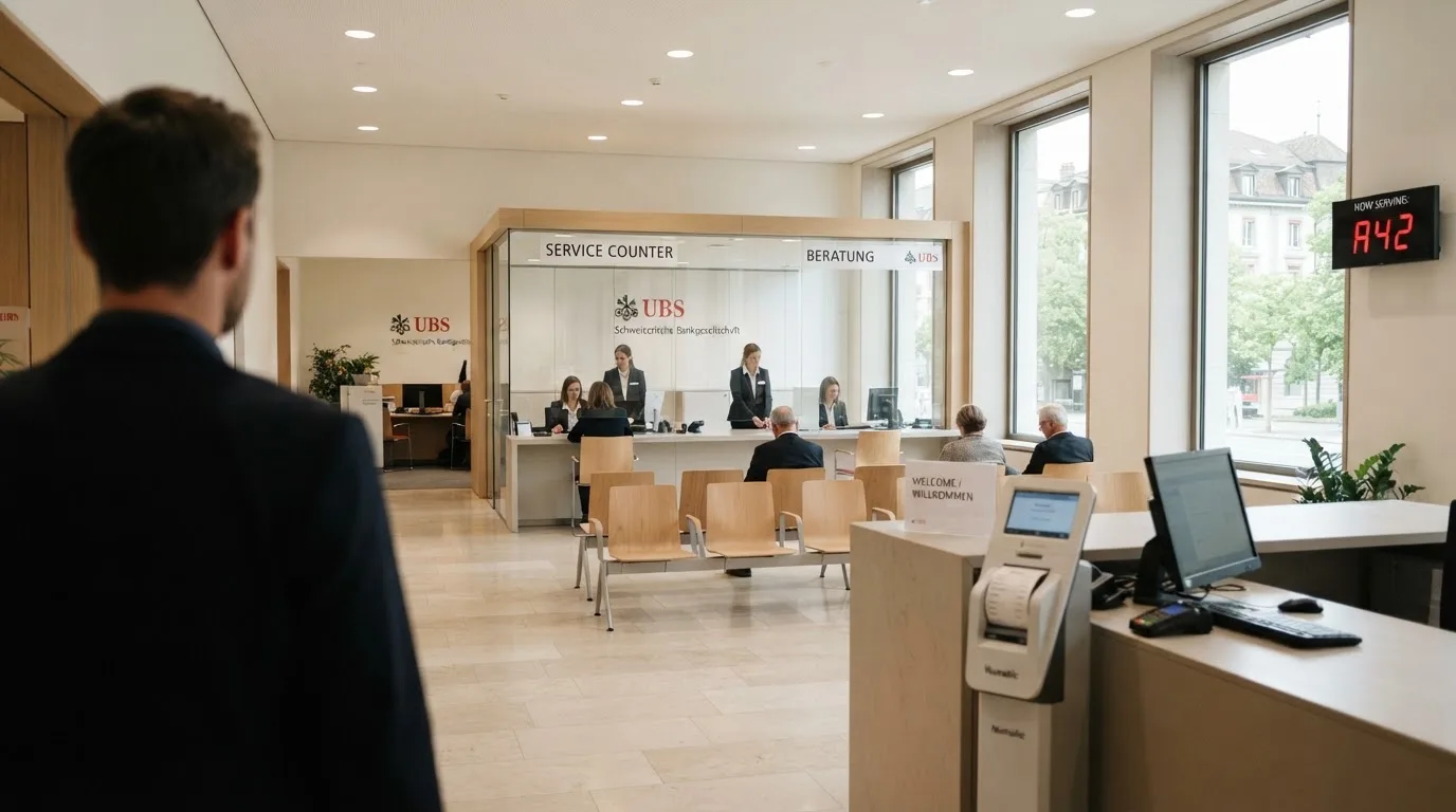 Blick auf eine helle Bankfiliale mit Wartebereich, im Vordergrund unscharf eine Person mit Jacke.